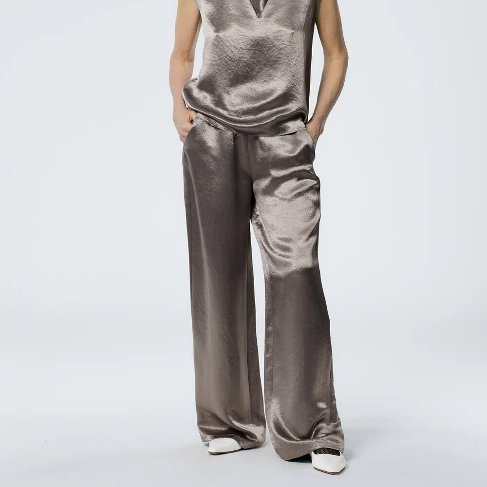 Tibi Sion Satin Wide Leg Pull On Pant, Slate Grey Size M